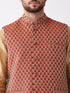 Vastramay Men's Rose Gold Solid Silk Blend Kurta and Dhoti With Maroon Nehru Jacket